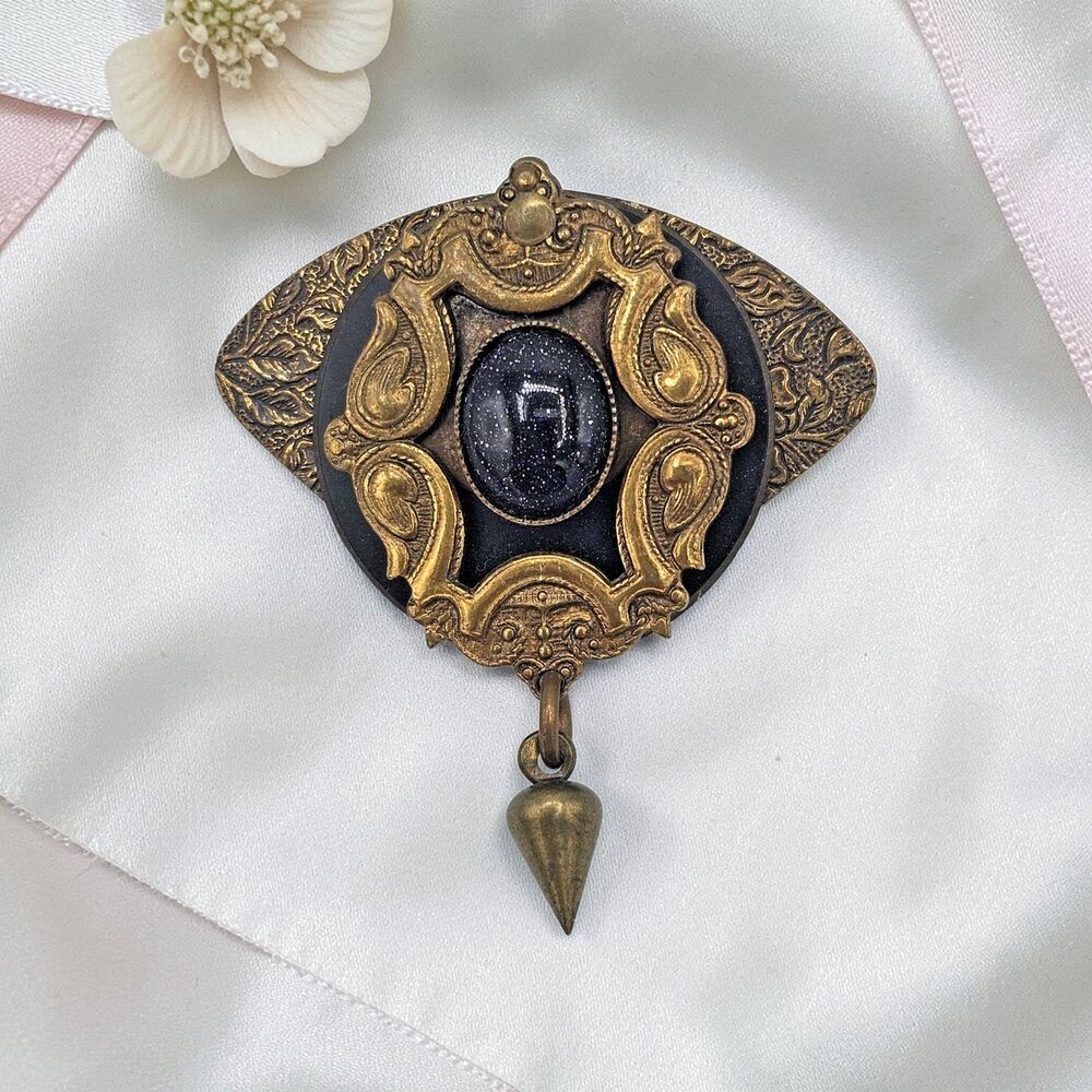 Art Nouveau Brooch Vtg Blue Goldstone Cabochon Drop Pendant Paisley Brass Pin